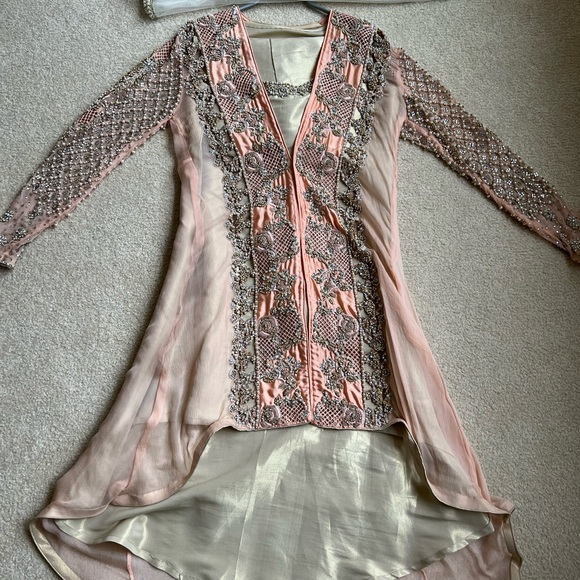Pakistani shalwar kameez peach heavy kaam wedding dress Eid Indian high low desi - Picture 11 of 17